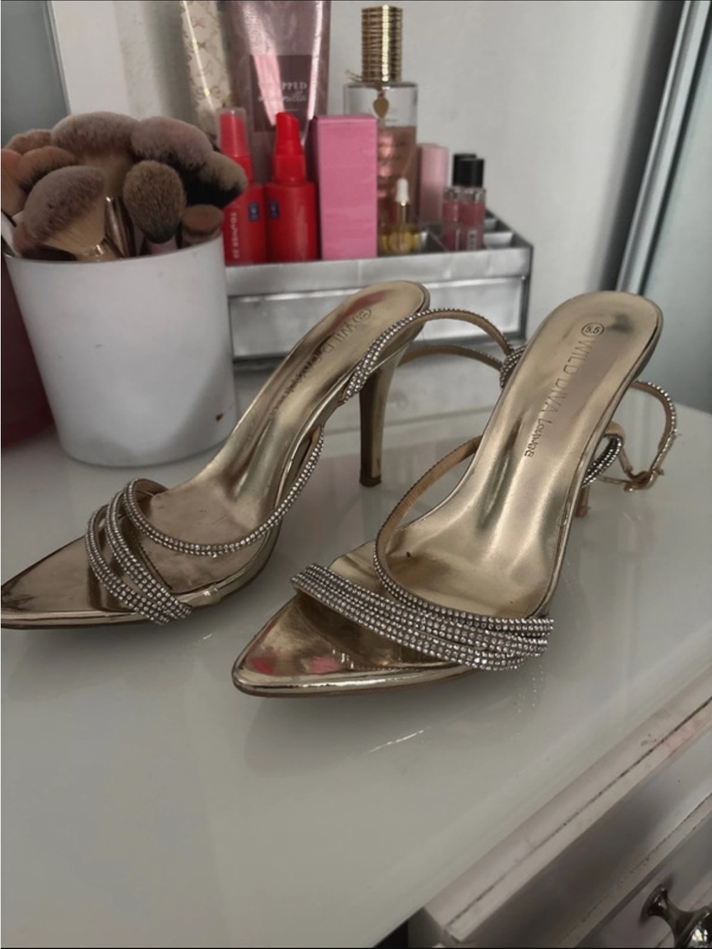 Wild Diva Gold Rhinestone Strappy Slingback Heels